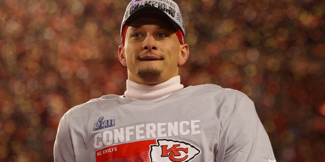 Patrick Mahomes #15 of the Kansas City Chiefs celebrates after defeating the Cincinnati Bengals 23-20 in the AFC Championship Game at GEHA Field at Arrowhead Stadium on January 29, 2023 in Kansas City, Missouri.