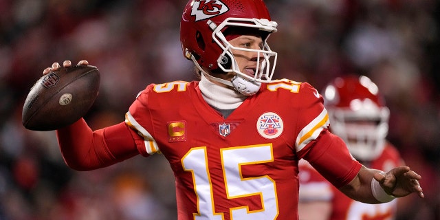 Kansas City Chiefs quarterback Patrick Mahomes, #15, works in the pocket against the Cincinnati Bengals during the first half of the NFL AFC Championship playoff football game, Sunday, Jan. 29, 2023, in Kansas City, Missouri.