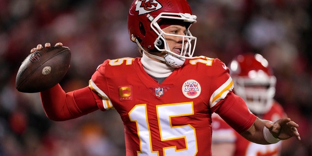 Chiefs quarterback Patrick Mahomes works the pocket against the Cincinnati Bengals during the AFC Championship game, Sunday, Jan. 29, 2023, in Kansas City, Missouri.