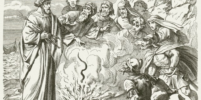 The apostle Paul shakes a viper off of his arm into the fire, as recounted in Acts 28.