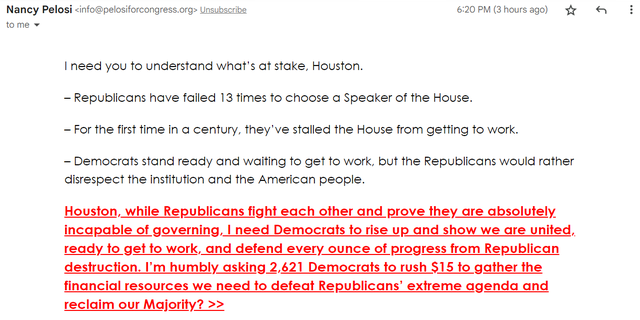 Nancy Pelosi cashes in on messy GOP House speaker fight Fundraising email from former House Speaker Nancy Pelosi, D-Calif.