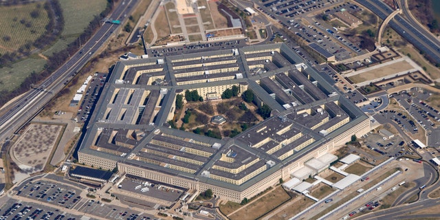The Pentagon is seen from Air Force One as it flies over Washington, D.C., on March 2, 2022.