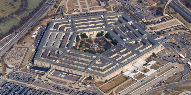 The Pentagon is seen from Air Force One as it flies over Washington, March 2, 2022.