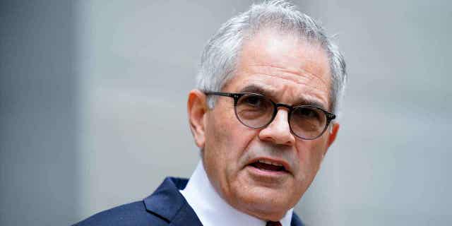 Philadelphia District Attorney Larry Krasner speaks with members of the media during a news conference in Philadelphia on Oct. 13, 2022. Pennsylvania's Republican state lawmakers filed an appeal with the Pennsylvania Supreme Court Jan. 26, 2023, hoping to preserve elements of their impeachment case against Krasner.