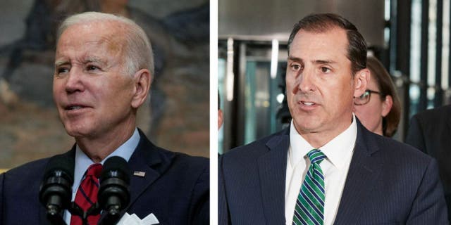 Photo collage of President Joe Biden and U.S. Attorney John Lausch side by side respectively. (Photo by Drew Angerer/Getty Images and Mustafa Hussain/Getty Images)