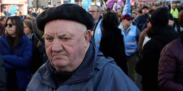 Protestors march in Bayonne, France, on Jan. 31, 2023. French labor leaders hope to bring more than 1 million demonstrators into the streets again in the latest clash with the government over plans to push back the retirement age. 