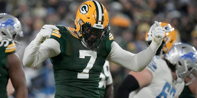 Green Bay Packers linebacker Quaye Walker, #7, celebrates during the first half of an NFL football game against the Detroit Lions on Sunday, Jan. 8, 2023 in Green Bay, Wisconsin.