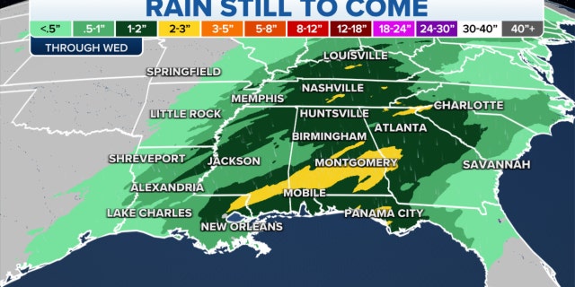 Rain forecast over the Gulf Coast, Ohio and Tennessee Valleys