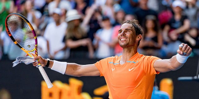 Rafael Nadal of Spain celebrates victory in their round one singles match against Jack Draper of Great Britain during day one of the 2023 Australian Open at Melbourne Park on January 16, 2023, in Melbourne, Australia.