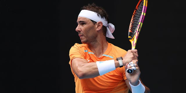 Rafael Nadal plays a backhand at the Australian Open