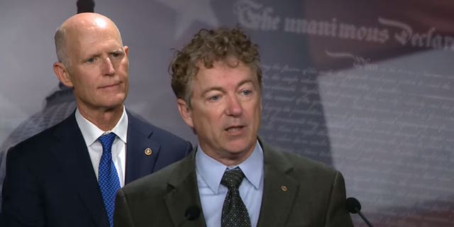 Republican Sen. Rand Paul stands alongside fellow Republican senators at a news conference addressing the national debt on Jan. 25, 2023. Philip Todd has suffered "life threatening injuries"