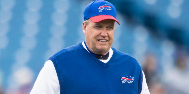 Head coach Rex Ryan of the Buffalo Bills watches warm-ups before the game between the Buffalo Bills and the Miami Dolphins on December 24, 2016, at New Era Field in Orchard Park, New York. 