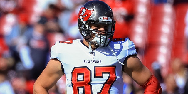 Rob Gronkowski, #87 of the Tampa Bay Buccaneers, looks on before the game against the Los Angeles Rams in the NFC Divisional Playoff game at Raymond James Stadium on Jan. 23, 2022 in Tampa, Florida.