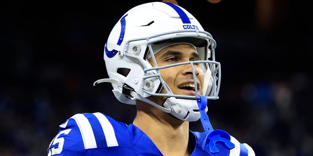 Rodney Thomas II, #25 of the Indianapolis Colts, reacts after a play in the game against the Los Angeles Chargers at Lucas Oil Stadium on Dec. 26, 2022 in Indianapolis.