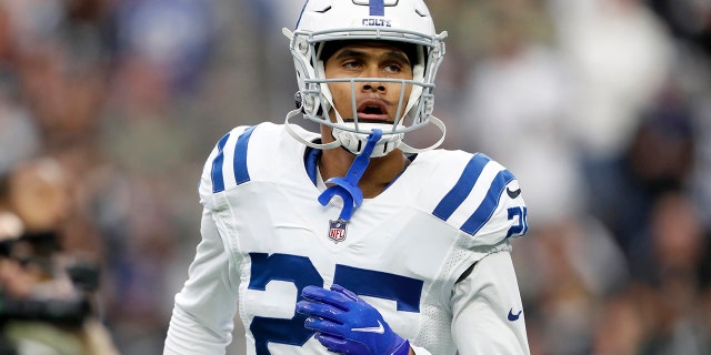 Safety Rodney Thomas II, #25 of the Indianapolis Colts, warms up before a game against the Las Vegas Raiders at Allegiant Stadium on Nov. 13, 2022 in Las Vegas.