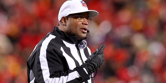 Referee Ronald Torbert reacts during the AFC Championship Game at GEHA Field at Arrowhead Stadium on January 29, 2023 in Kansas City, Missouri.