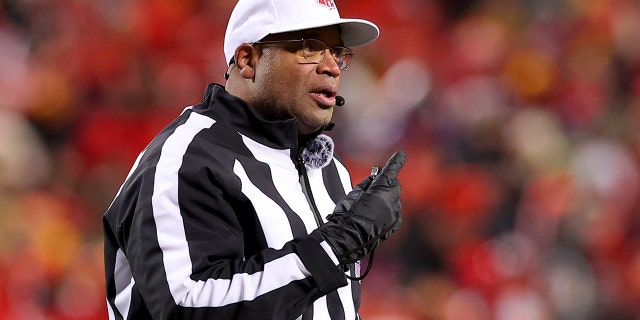 Referee Ronald Torbert reacts during the AFC Championship Game at GEHA Field at Arrowhead Stadium on Jan. 29, 2023, in Kansas City, Missouri.