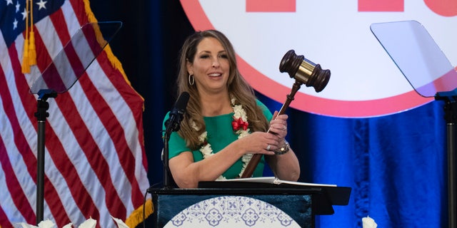 Re-elected Republican National Committee Chair Ronna McDaniel holds a gavel while speaking at the committee's winter meeting in Dana Point, California, on Friday. 