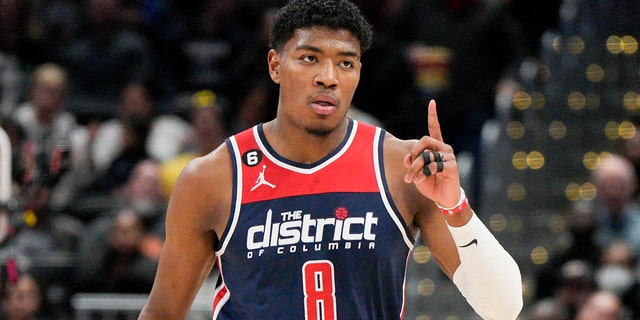 Washington Wizards forward Rui Hachimura, #8, reacts after scoring against the Orlando Magic during the first half of an NBA basketball game, Saturday, Jan. 21, 2023, in Washington, D.C.