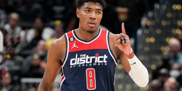 Washington Wizards forward Rui Hachimura reacts after scoring against the Orlando Magic during the first half of a game Saturday, Jan. 21, 2023, in Washington.
