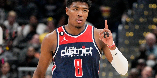 Washington Wizards forward Rui Hachimura reacts after scoring against the Orlando Magic during the first half of a game Saturday, Jan. 21, 2023, in Washington. 