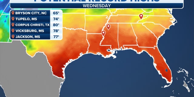 Potential record high temperatures across the southern U.S. on Wednesday