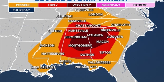 The threat of severe storms in the Southeast on Thursday