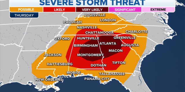 The threat of severe storms in the Southeast on Thursday