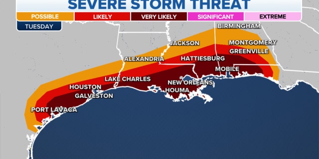 The threat of severe storms on Tuesday in the Southeast