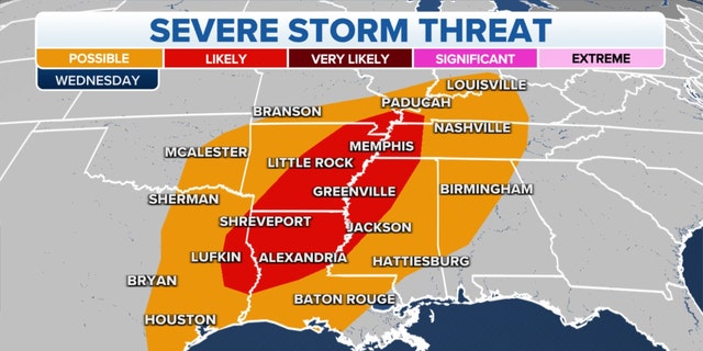Severe storm threats across the central and southern U.S. on Wednesday