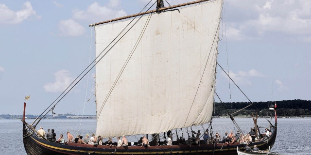 Een 30 meter lange replica van het Vikingschip, de Huffingsten (Zeehengst), vaart in de Roskilde Fjord, na een reis naar Oslo en Tønsberg in Noorwegen op 4 augustus 2006. 