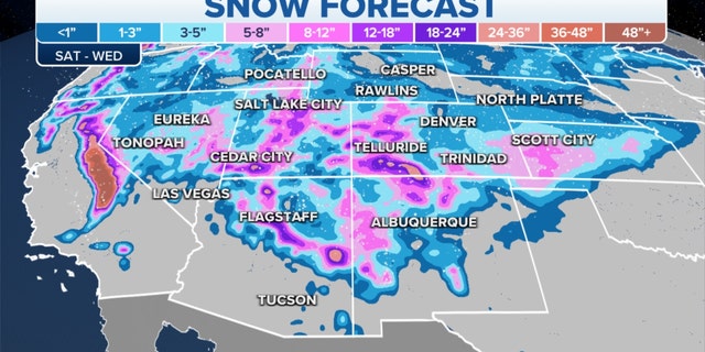 Snow forecast from Saturday to Wednesday in the western U.S.