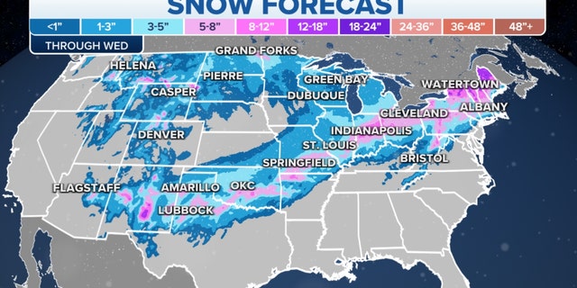 Snow forecast across the U.S. through Wednesday