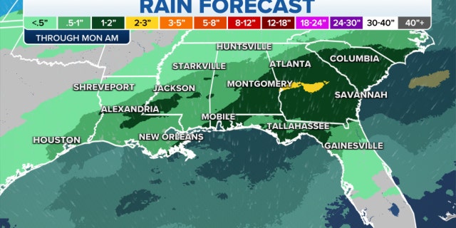 Rain forecast in the Southeast through Monday morning