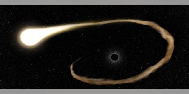 Os gases externos da estrela são atraídos para o campo gravitacional do buraco negro.