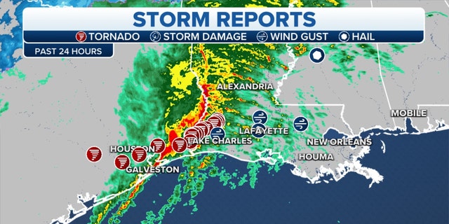 Storm reports on the Gulf Coast over the past 24 hours