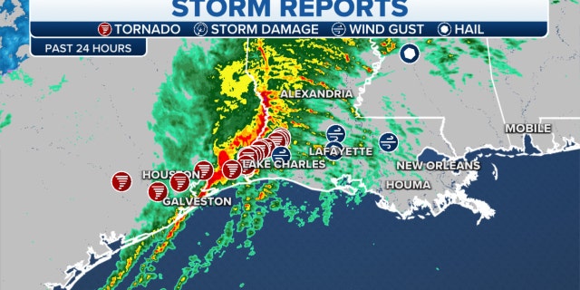 Storm reports on the Gulf Coast over the past 24 hours