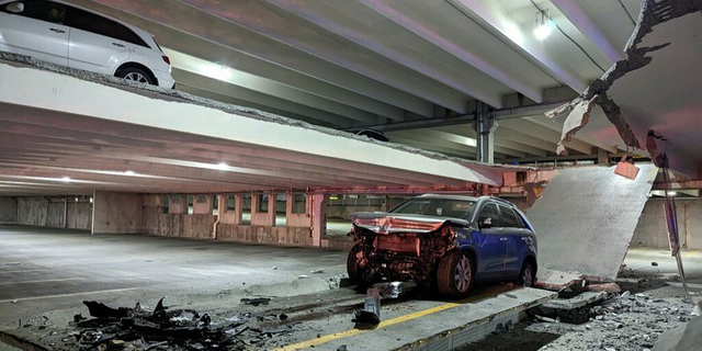 A vehicle that crashed into a wall of a parking garage at TidalHealth Peninsula Regional Hospital in Salisbury, Maryland caused part of the employee garage to collapse on Sunday morning.