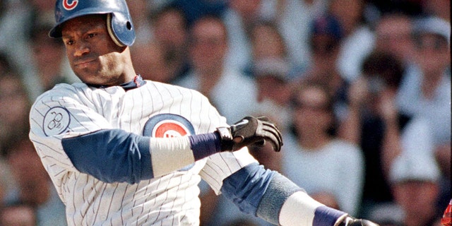 Chicago Cubs' Sammy Sosa strikes out in the fifth inning against the Cincinnati Reds at Wrigley Field.