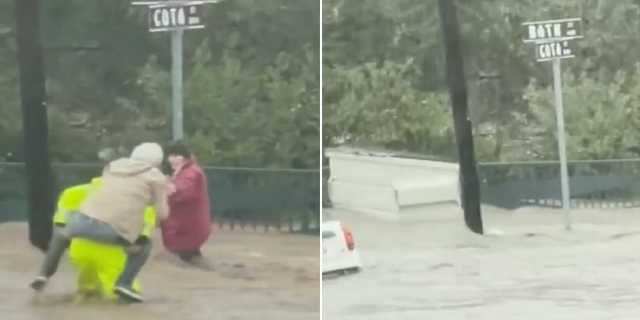 A video captured a rescue effort Monday in Santa Barbara, California. A separate video then showed a dumpster floating through the same area.