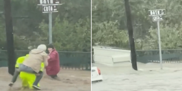 A video captured a rescue effort Monday in Santa Barbara, California. A separate video then showed a dumpster floating through the same area.