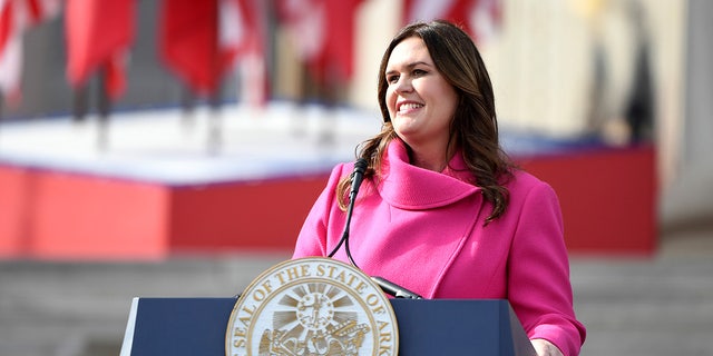 Arkansas Gov. Sarah Huckabee Sanders speaks after taking the oath of the office on the steps of the Arkansas Capitol in Little Rock on Jan. 10, 2023.