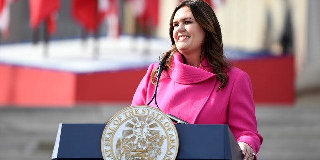 Arkansas Gov. Sarah Huckabee Sanders speaks after taking the oath of the office on the steps of the Arkansas Capitol Tuesday, Jan. 10, 2023, in Little Rock, Ark. 