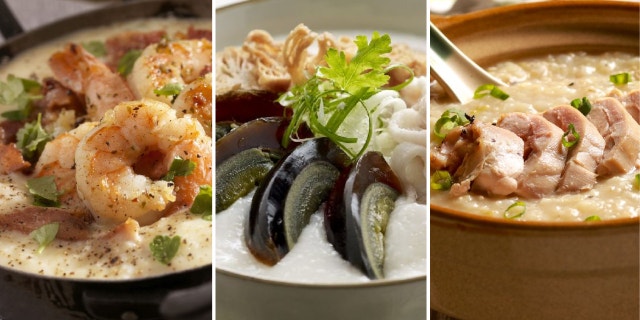 Left: Creamy grits with shrimp, bacon and fresh parsley. Middle: Congee with century egg and shredded pork. Right: Arroz Caldo, a Filipino rice porridge made with chicken, which takes influence from Spain's Arroz Caldoso.