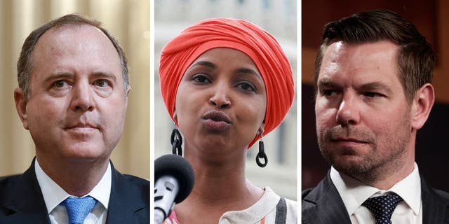 From left to right, Rep. Adam Schiff, D-Calif., Rep.  Ilhan Omar, D-Minn, and Rep.  Eric Swalwell, D-Calif., has been stripped of his committee assignments. 