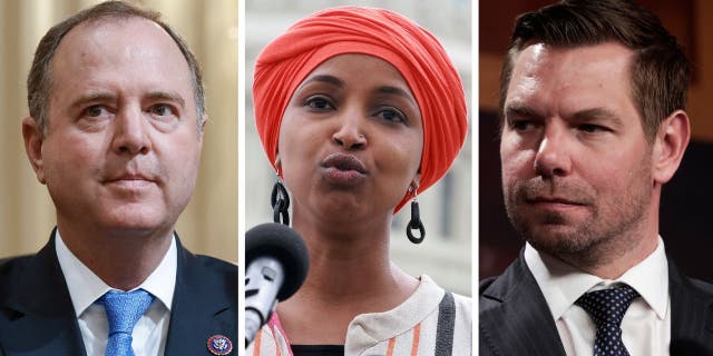 Reps. Adam Schiff, left, Ilhan Omar and Rep. Eric Swalwell