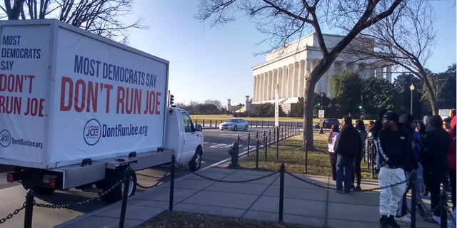 "Don't Run Joe" billboard in DC put out by far left Democrat Party members who do not want President Joe Biden to run for re-election.