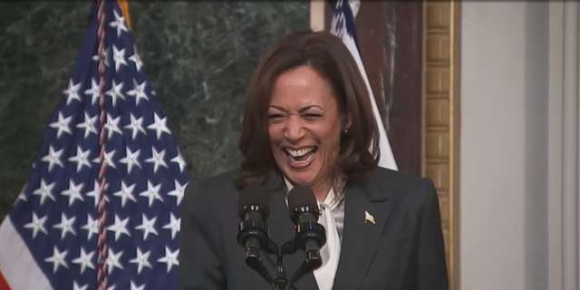 "And then they launched. Yeah, they did," Harris said, laughing at a speech intended to honor two former NASA astronauts.