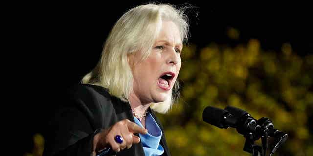Sen. Kirsten Gillibrand speaks at a campaign event for Gov. Kathy Hochul, Nov. 6, 2022, at Sarah Lawrence College in Yonkers, New York.