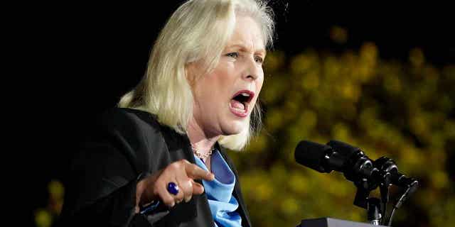 Sen. Kirsten Gillibrand speaks at a campaign event for Gov. Kathy Hochul, Nov. 6, 2022, at Sarah Lawrence College in Yonkers, New York.